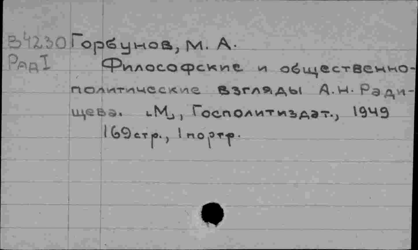 ﻿ЕЬН^ЪО.Горсэuwoa. |\д. А- ___
1 	1 ~ 1 w Р/^дТ	^Рилососрахис. и о<зсцИстВенно
пслитичссА^г елгл^ды А.н- Ради лцева. uMj j ГоепОАитиъАэт., 19ЧЭ